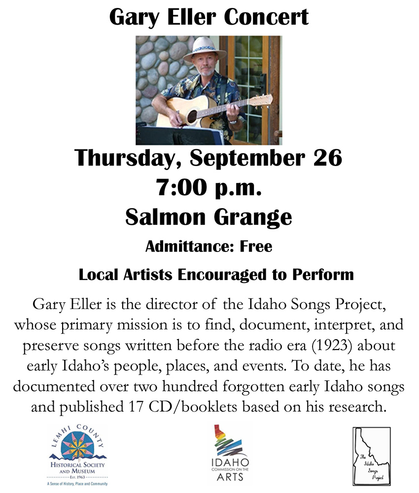 Announcement poster with Gary Eller.  Event scheduled for Thursday, September 26, 2019, in the Salmon Grange. Program is free and begins at 7:00 PM.