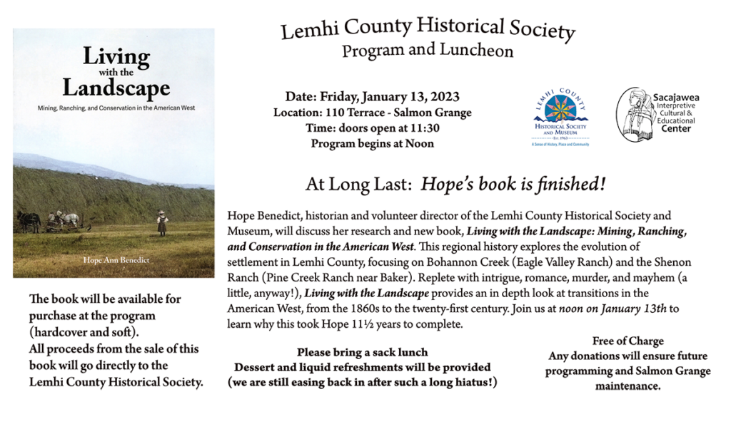Lemhi County Historical Society Program and Luncheon: January 13, 2023, at Noon.