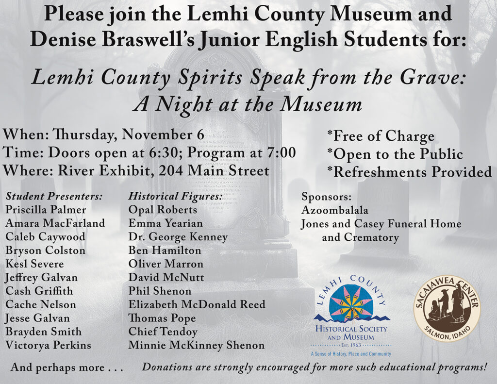 image announces program on November 6, 2025: Lemhi County Spirits Speak from the Grave: A Night at the Museum