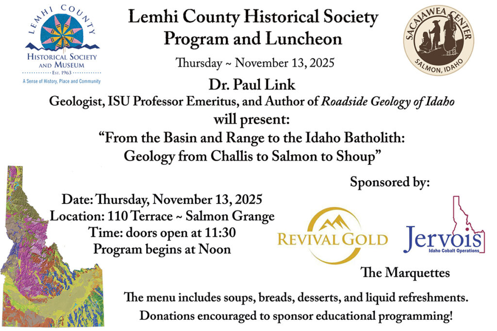 image advertises first luncheon of the season: Dr. Paul Link will present: From the Basin and Range to the Idaho Batholith: Geology from Challis to Salmon to Shoup